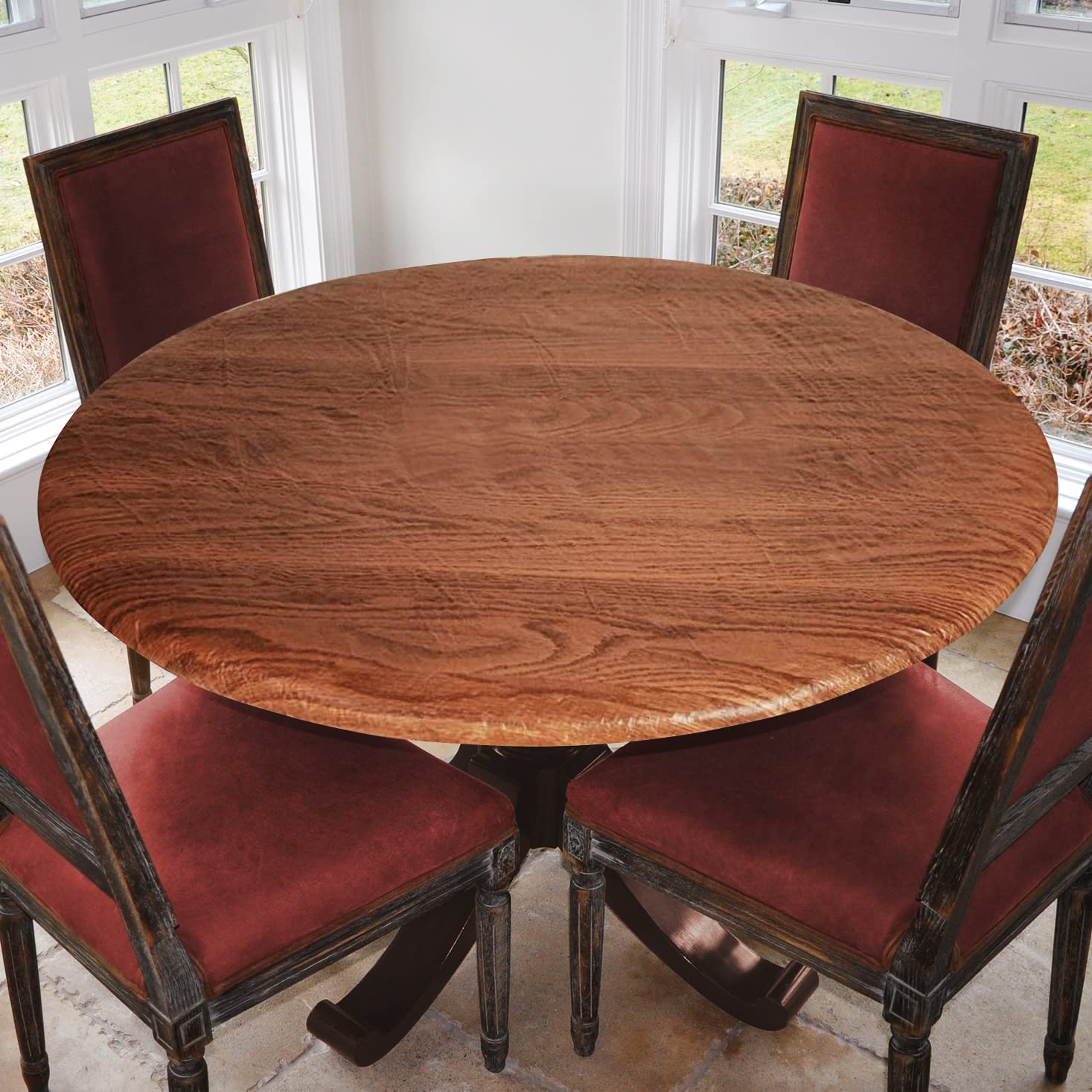 Covers For The Home Deluxe Elastic Edged Flannel Backed Vinyl Fitted Table Cover - Woodgrain (Oak) Pattern - Large Round Oblong Oval - Fits Tables up to 45" - 56" Diameter