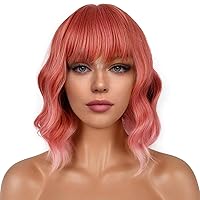 Vista 12 de Pelucas cortas estilo Bob con flequillo para mujer, peluca ondulada suelta rizada ondulada longitud al hombro, peluca sintética estilo Bob para Verde