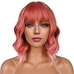 LANCAINI Short Bob Wigs with Bangs for Women Loose Wavy Wig Curly Wavy Shoulder Length Bob Synthetic Cosplay Wig for Girl Colorful Costume Wigs (Dark Pastel Pink)