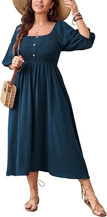 SHESTARR Womens Plus Size Casual Dresses Square Neck Button Up Smocked 3/4 Puff Sleeve Empire Wasit A-line Flowy Midi Dress