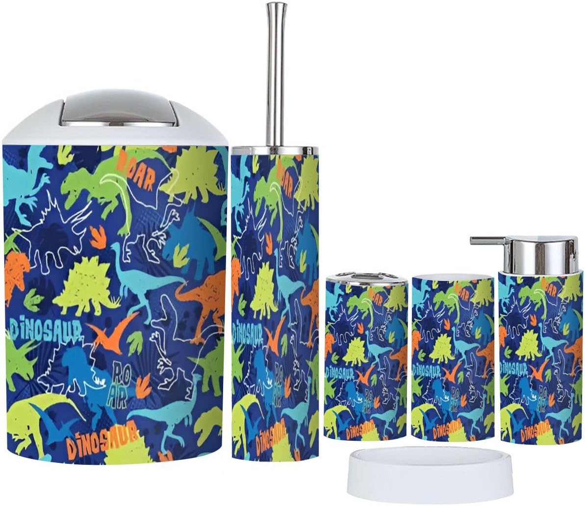 Bathroom Accessory Set 6 Piece Bright Pattern Colorful Dinosaur a Blue a Grunge Print for Toothbrush Holder, Toothbrush Cup, Soap Dispenser, Soap Dish, Toilet Brush Holder, Trash can for Countertop