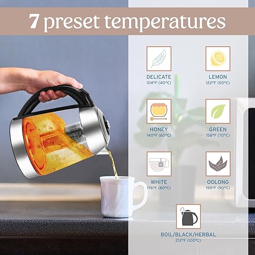 Miniatura 6 de NELO Hervidor eléctrico con infusor de té extraíble, 7 ajustes preestablecidos de temperatura, pantalla digital, luces indicadoras LED, hervidor de