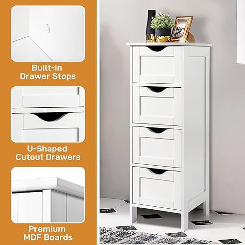 Miniatura 7 de Bonnlo Armario de almacenamiento de baño delgado de madera lateral con 4 cajones, pequeño gabinete de piso independiente, organizador delgado de 12
