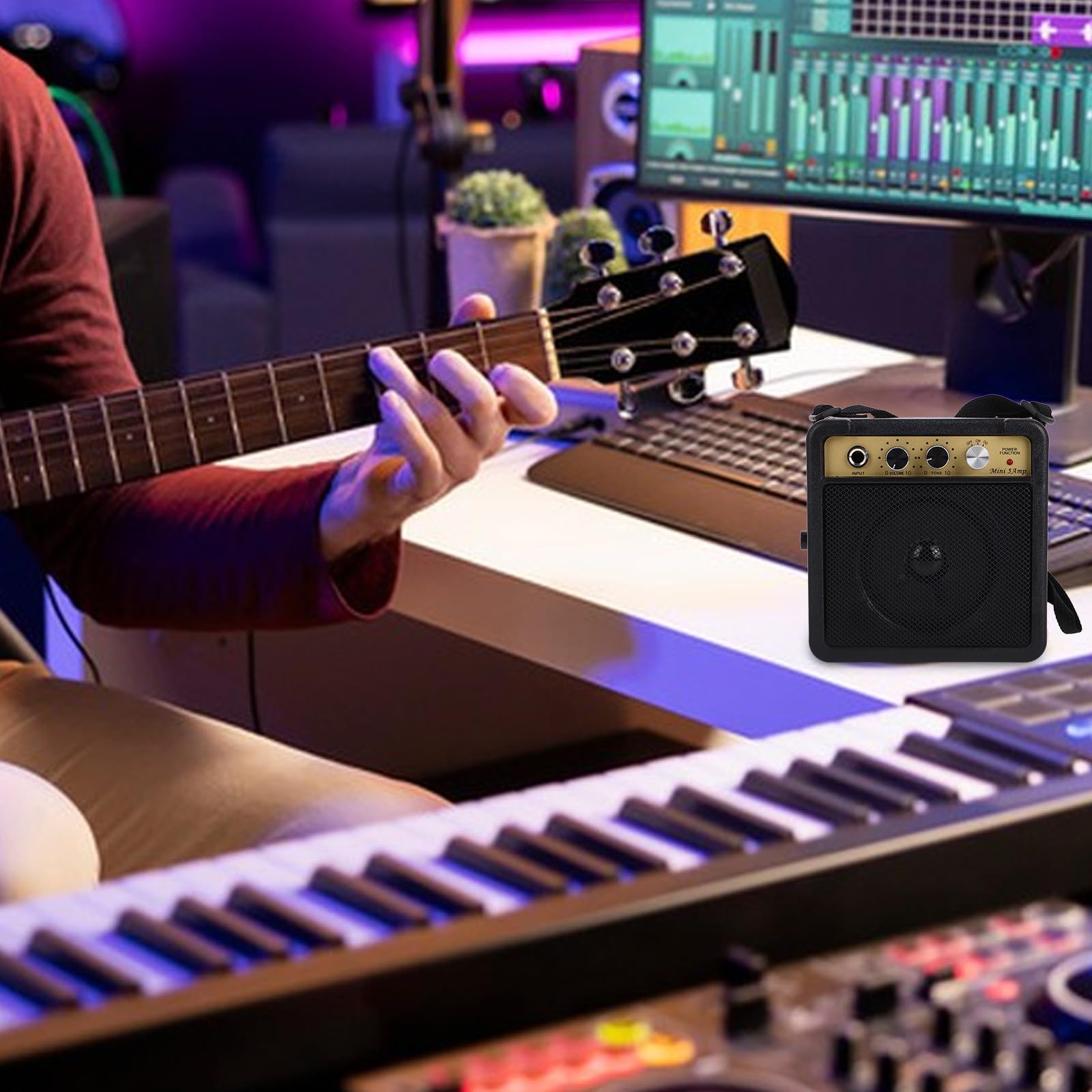 Abaodam Mini Amplificatore per Chitarra Elettrica 5w Portatile Cavo Audio e Adattatore, Amplificatore Valvolare Compatto per Basso e Chitarra, Altoparlante Pratico per Esercizi e Piccole
