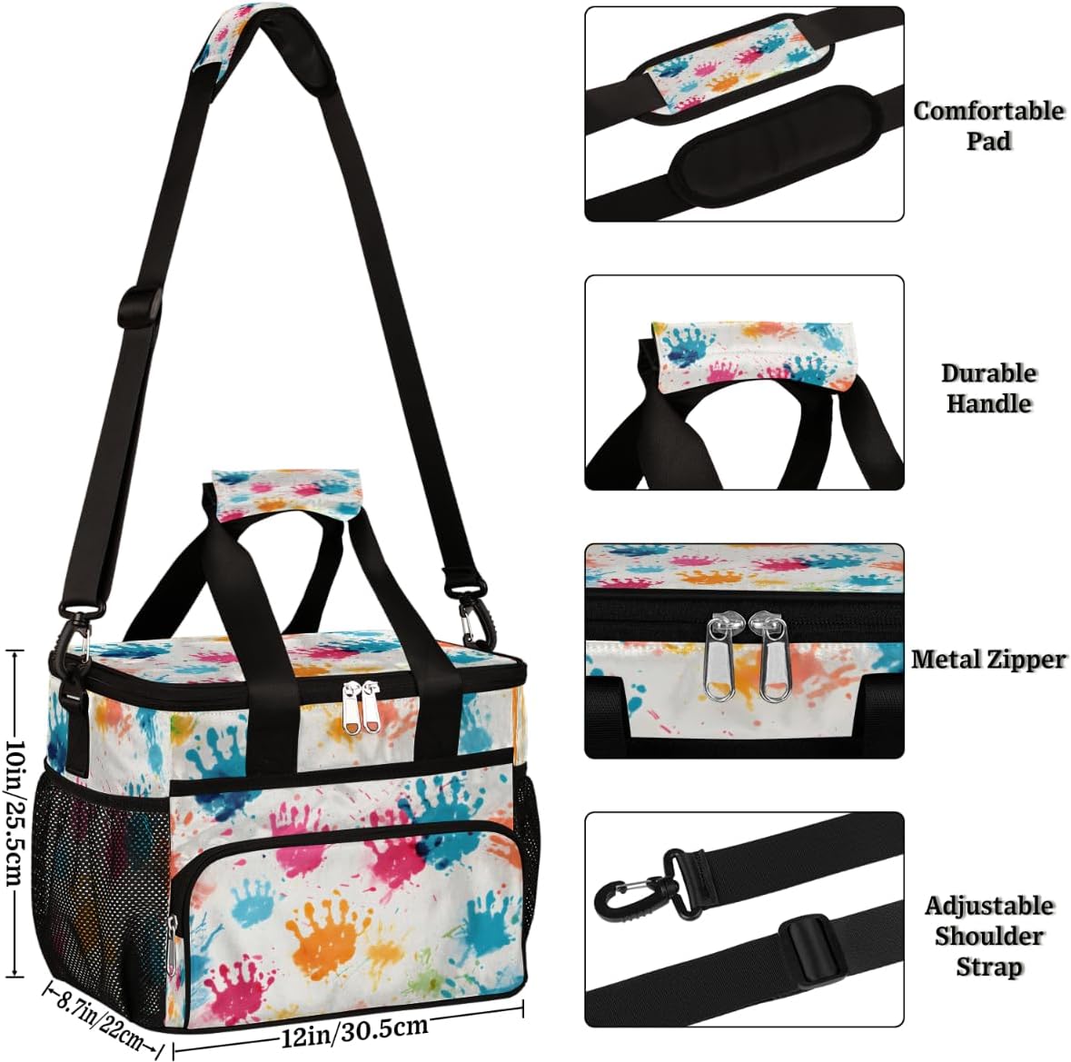Hand Paint Insulated Picnic Backpack Lunch Box for Women Men Picnic Basket Tote Lunch Bag Picnic Bag Portable Lunch Bags for Picnic, Beach, Work, Trip,Office, Camp Colorful Hand Prints