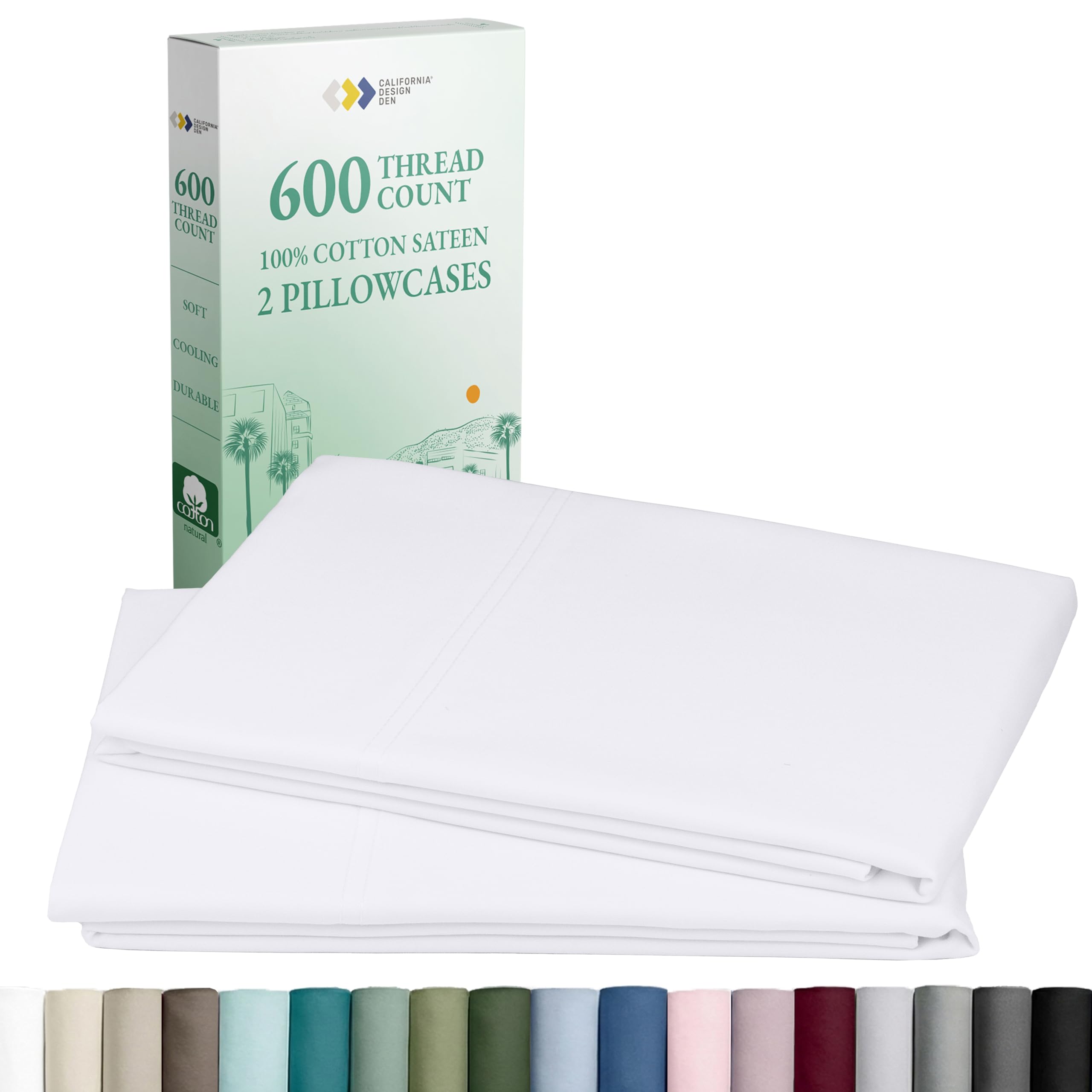CALIFORNIA DESIGN DEN Luxuriously Soft Hotel Quality 600 Thread Count, 100% Cotton Set of 2 Cases, Crisp & Cool White Standard Pillow Cases Fits Standard & Queen Pillows (Bright White)