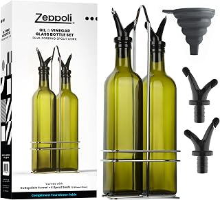 Zeppoli Oil Bottle Set with Dual Spout - Pouring Funnel, Stainless Steel Rack, Glass Cruets, and Oil Pack for Kitchen