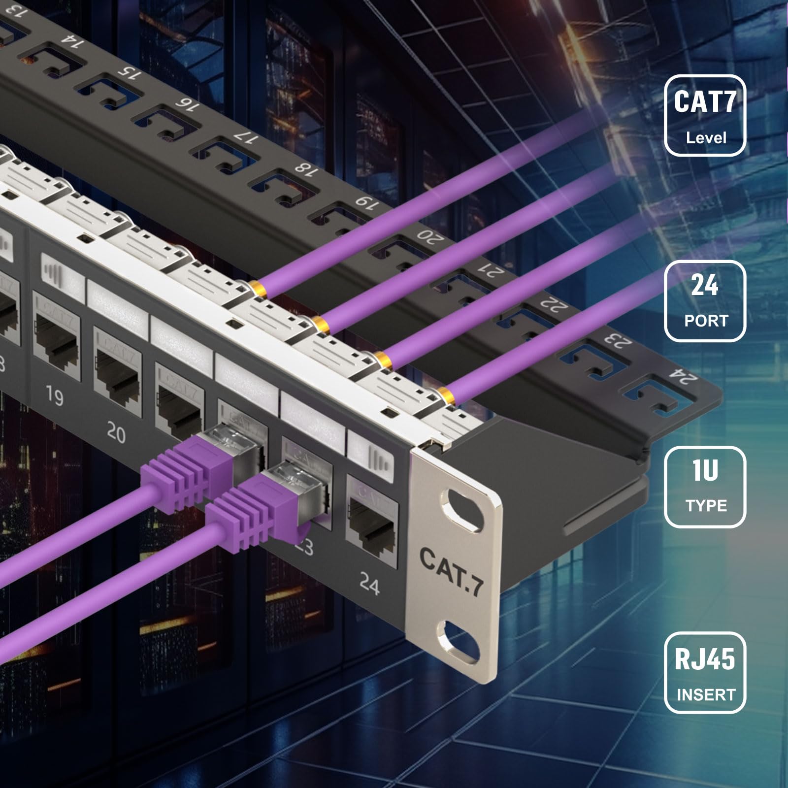 FGB 10Gbps 24 Port CAT7 Patchpanel mit 24x Cat7 Keystone Module Geschirmter, 19" Zoll Rackeinbau RJ45 LAN Netzwerk 600 MHz Verlegekabel für Gigabit-Netzwerk-Switch