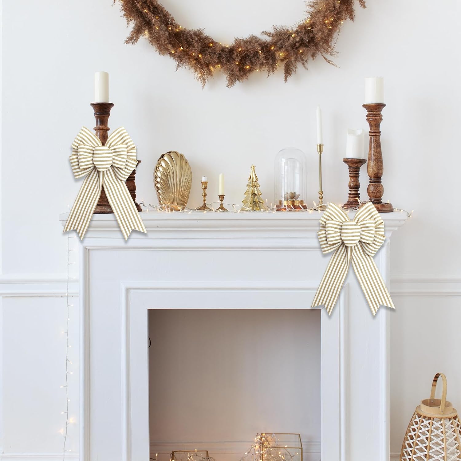 2pcs Natural Stripe Wreath Bows, Farmhouse Burlap Bow for Wreath Rustic Crafts Decorative Hanging Ornament Bow for Indoor Outdoor Wedding Holiday Birthday Party Decor