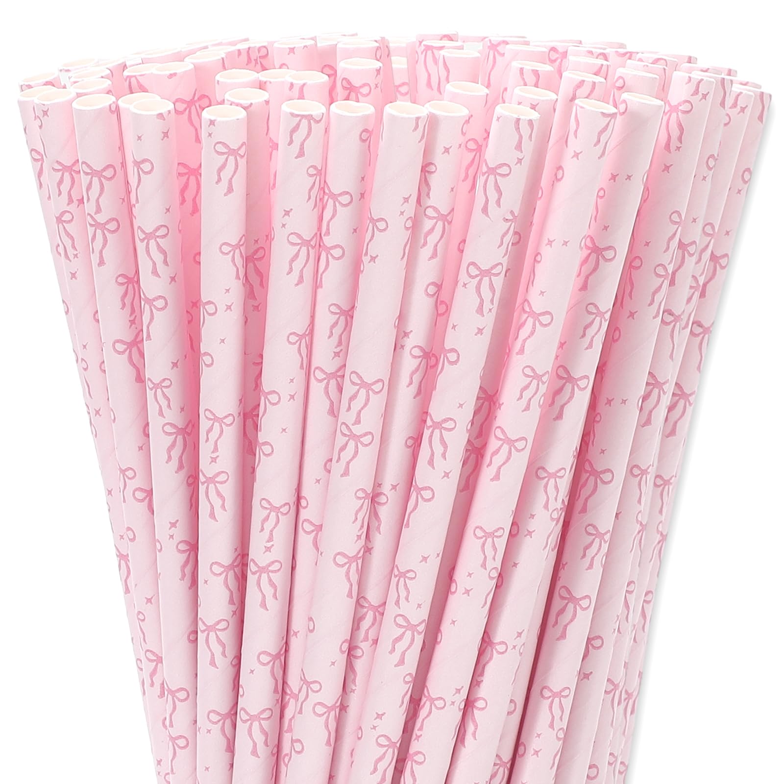 JarThenaAMCS 200Pcs Valentine Pink Bow Paper Straws Bowknot Drinking Straw Coquette Cute Disposable Straw for Birthday Baby Shower Wedding