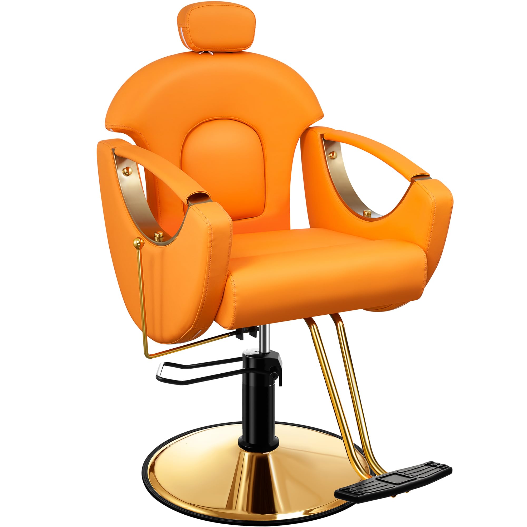 Baasha Gold Styling Ergonomic Reclining Hair Salon Chair, Orange, 360 Degree Swivel, Heavy Duty, Removable Headrest