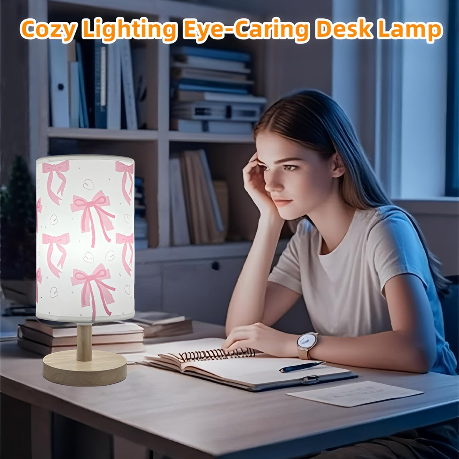 Różowa lampa stołowa z kokardą, 3 kolory lampka nocna do sypialni dziecięcej lampka nocna lampka nocna do pokoju dziewczęcego dekoracyjne światła z kreskówkową tkaniną lnianą abażur lampa biurkowa dla