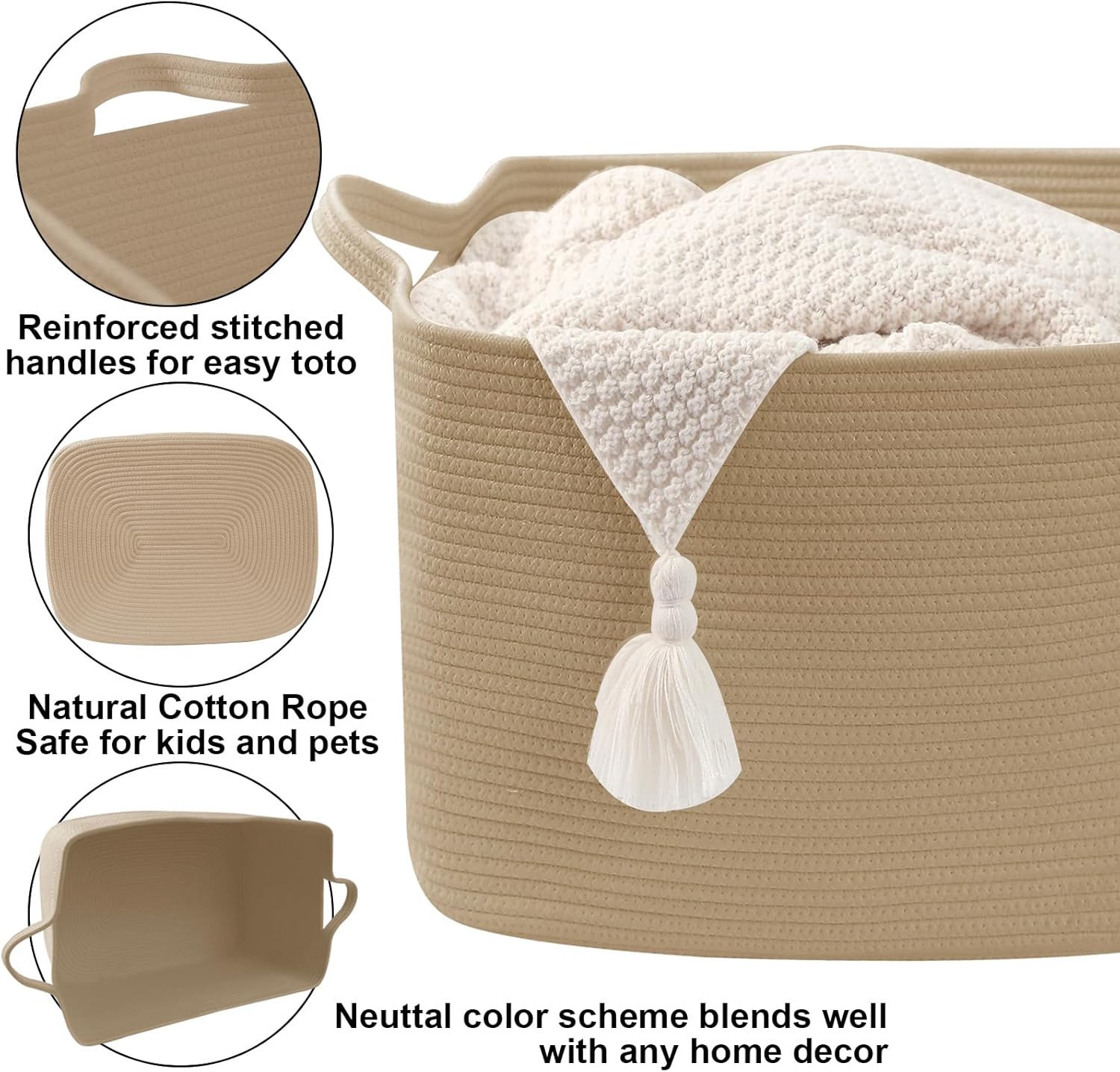 96L Woven Laundry Basket with Handles, Extra Blanket Basket,Jute