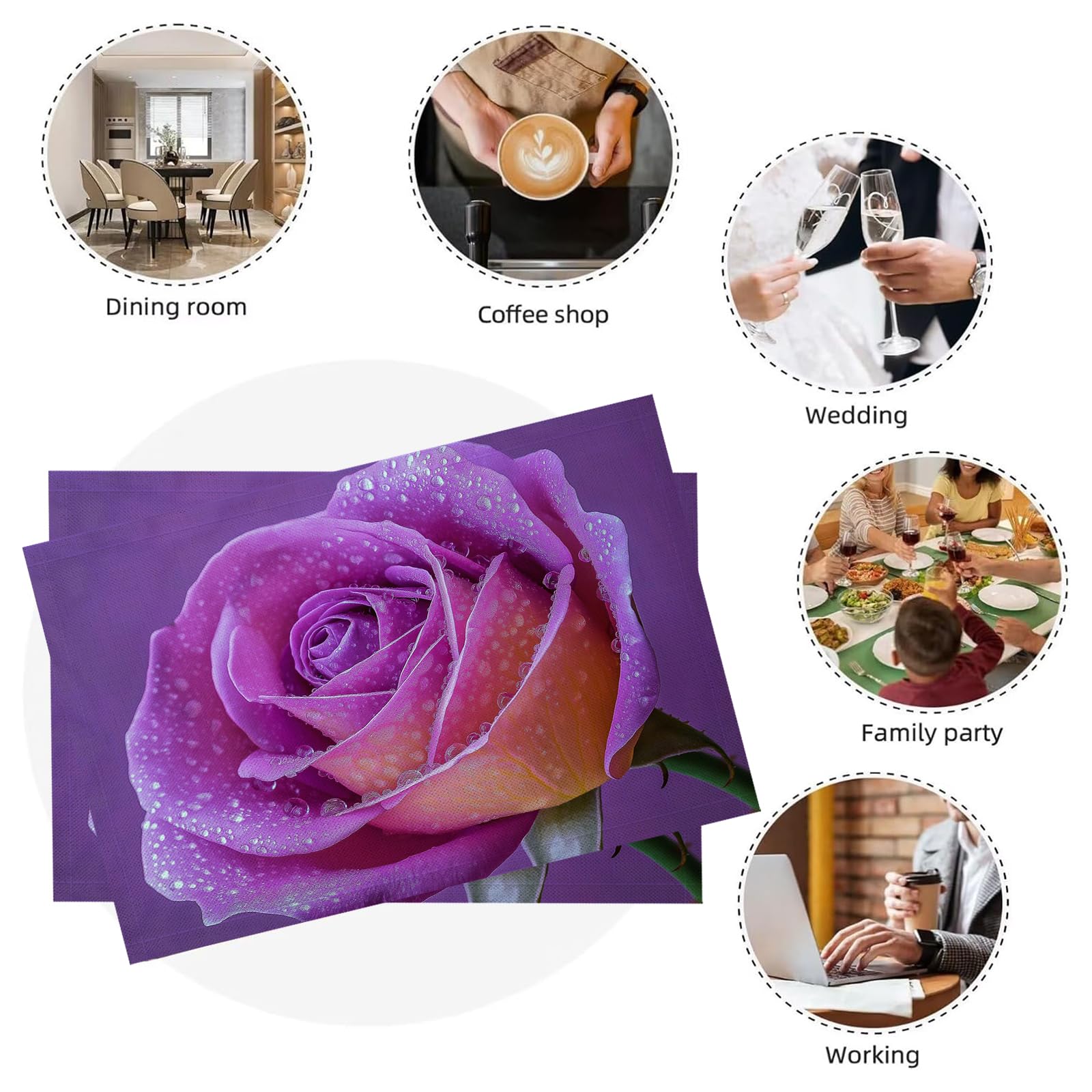 Set di 8 Tovagliette Americane Lavabili Cotone Lino Fiori glamour - Tovaglietta Americana Resistenti al Calore Durevole Rosa viola - per Colazione Pranzo 30×45 cm