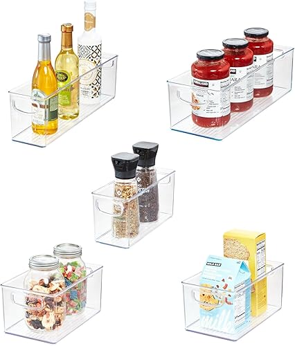 iDesign - Contenedor organizador de cocina apilable de plástico reciclado de 5 piezas con asas integradas para cocina, refrigerador, congelador,