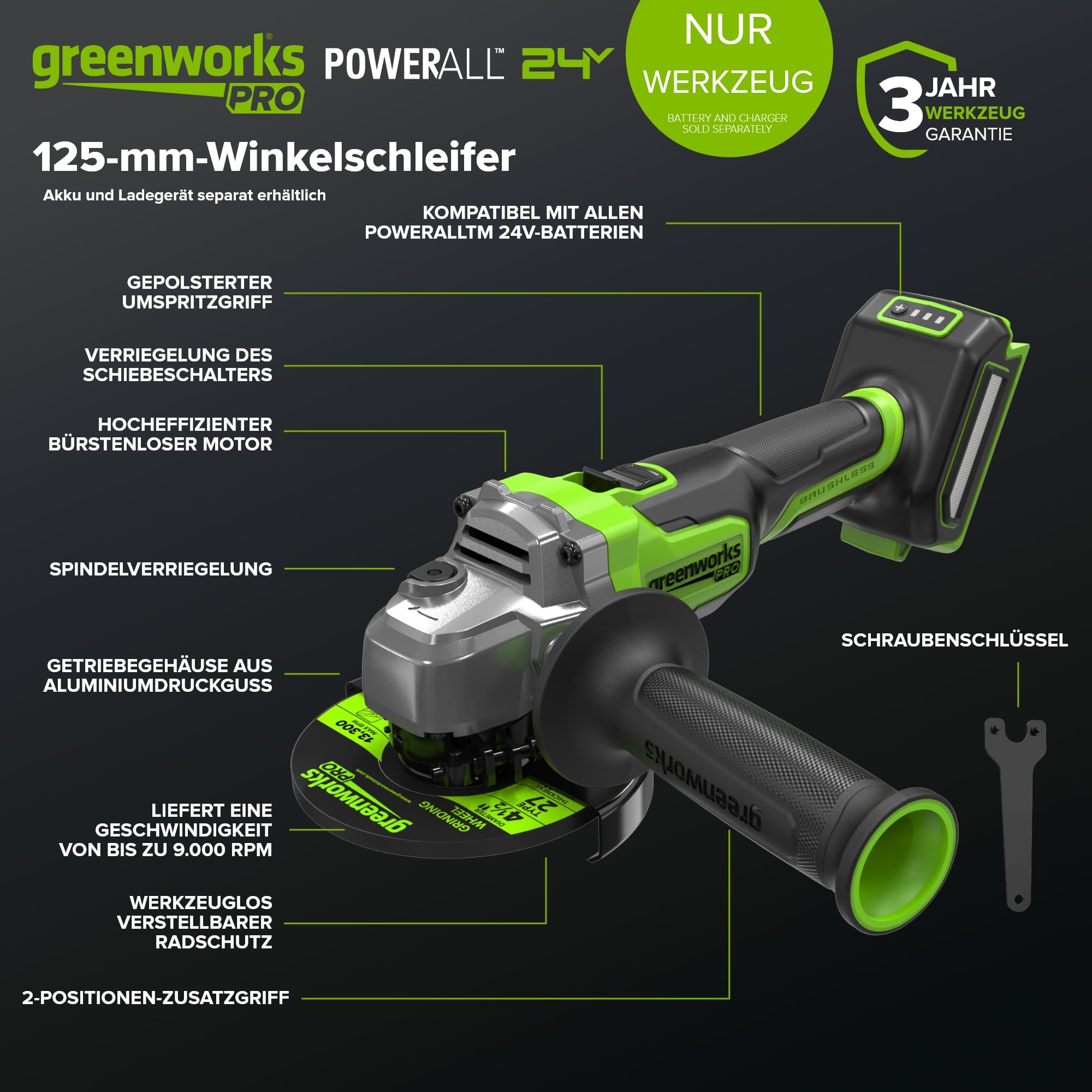 Greenworks 24V Smerigliatrice angolare senza fili, disco da 125 mm, 9000RPM, motore senza spazzole da 900W, per mancini o destrimani, SENZA batteria e caricabatterie AG590