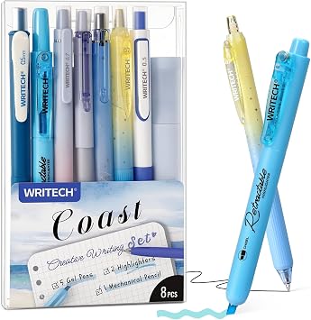 WRITECH Gel Pens Journaling Highlighters Blue Journal Set Assorted Pastel Color 0.5mm&0.7mm Fine Point Retractable Black Ink Pen Mechanical Pencil Smooth Writing Drawing 8ct