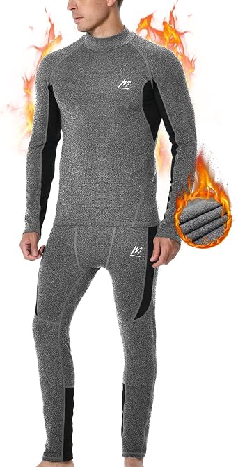 Men's Thermal Underwear Set, Fleece Lined High Neck Base Layer Compression Long Johns for Winter Running Skiing