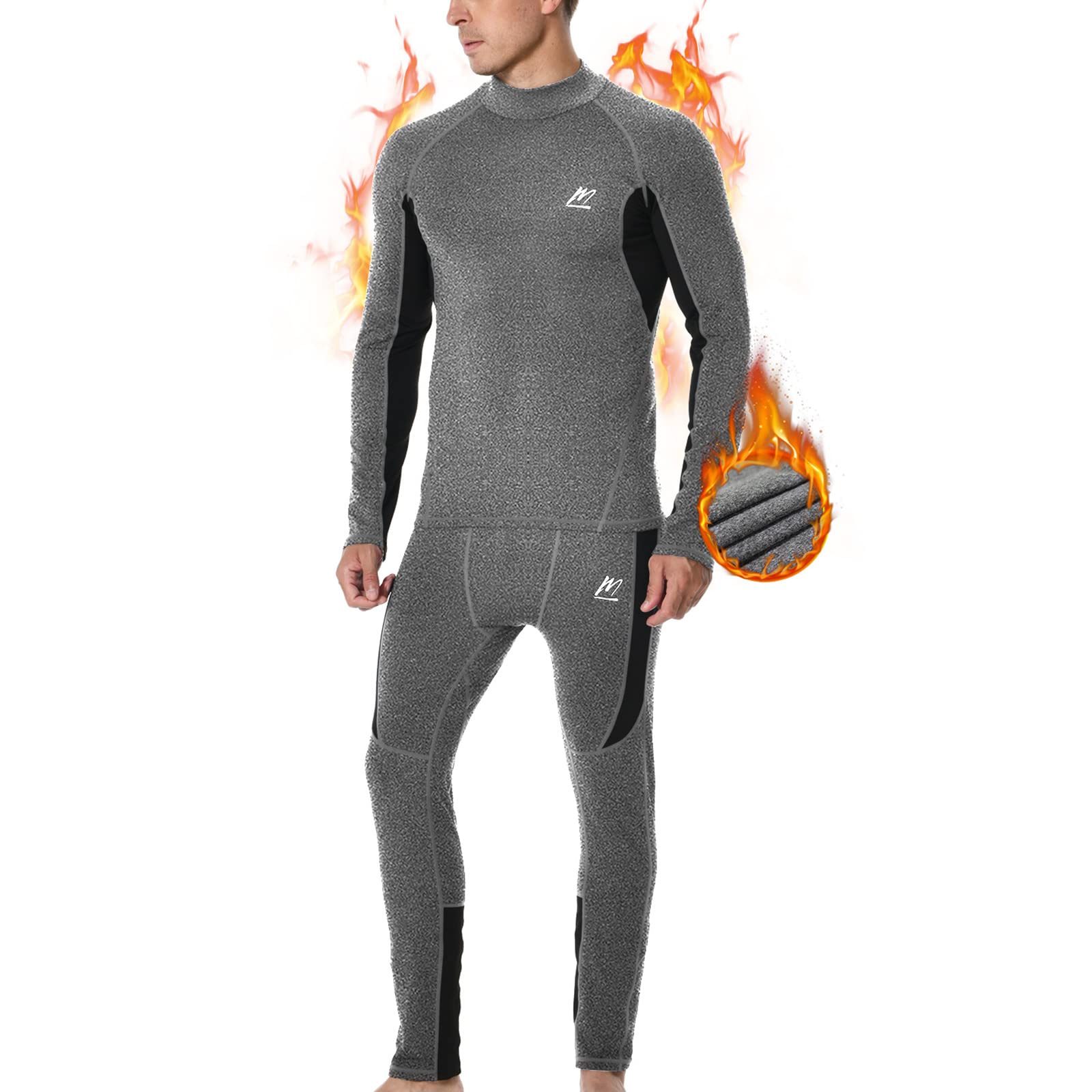MeetHoo Men's Thermal Underwear Set, Fleece Lined High Neck Base Layer Compression Long Johns for Winter Running Skiing Grey
