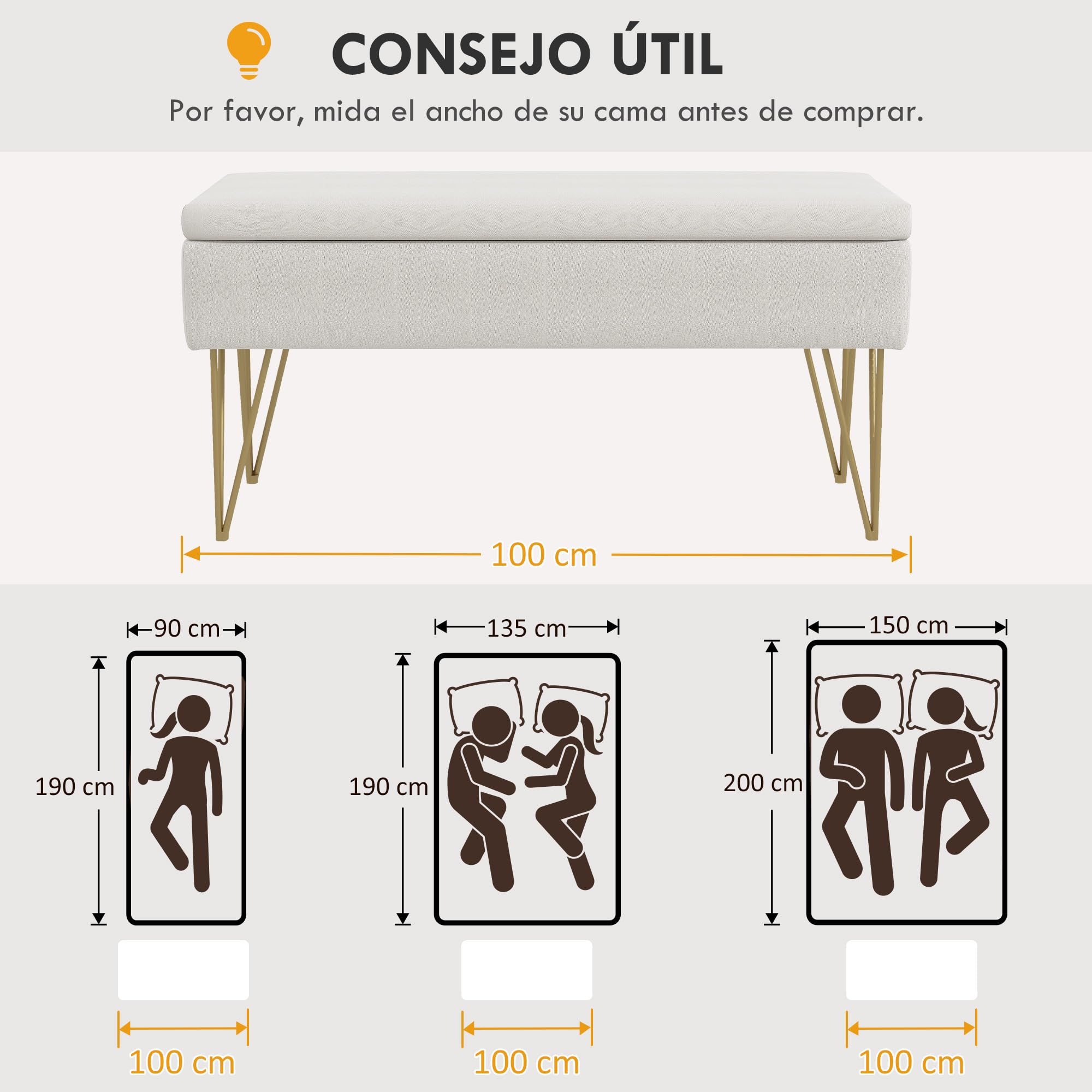 HOMCOM Banco Pie de Cama, Taburete Pie de Cama Tapizado en Lino Sintético con Patas de Acero y Asiento Acolchado, Estilo Moderno, Banco para Dormitorio, Entrada, Pasillo, Crema