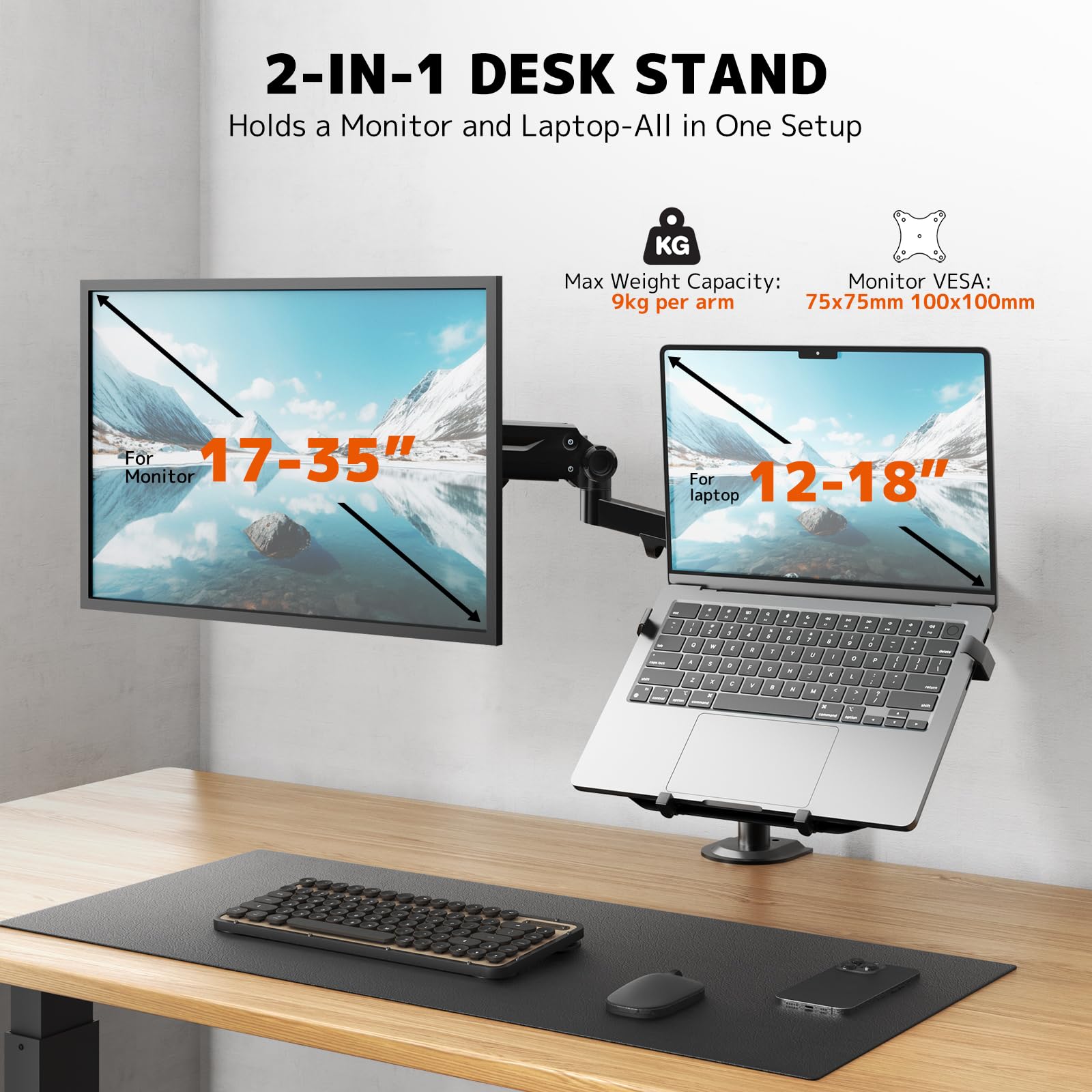 PUTORSEN Uchwyt na ramię laptopa do monitorów o przekątnej do 35 cali, taca na laptopa na maks. 18 cali, w pełni regulowany, sprężynowy uchwyt biurkowy na laptopa, mieści maks. 9 kg, VESA 75 x 75
