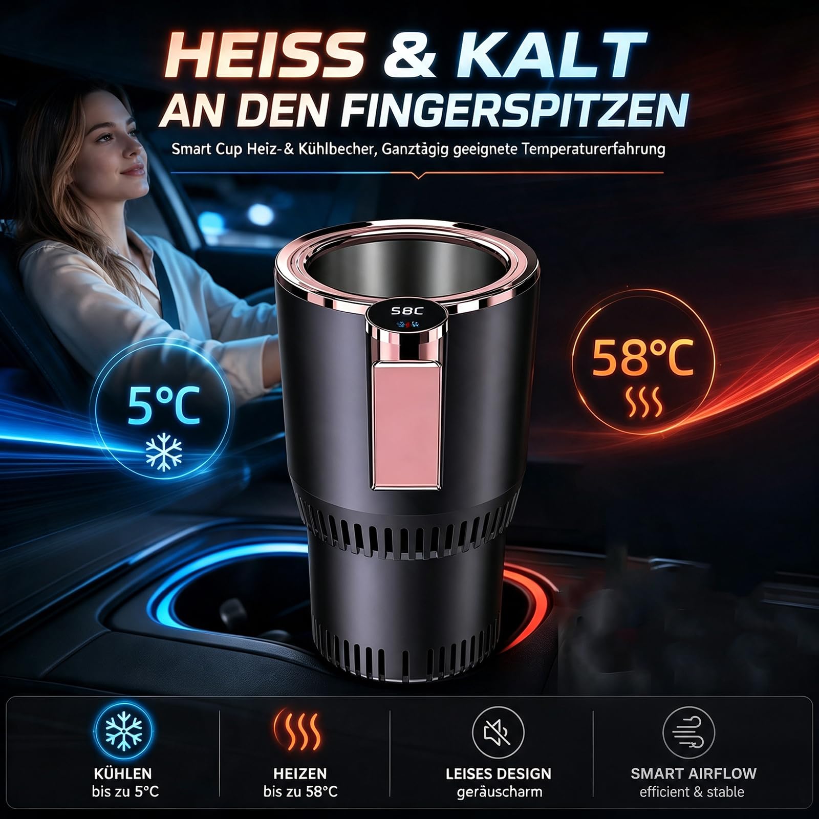 2-in-1 Auto Becherwärmer Kühler,12V Tragbarer Heiz- und Kühlbecher mit LCD-Display,Universal Smart Getränkehalter für Kaffee Wasser Milch,Autozubehör für PKW LKW