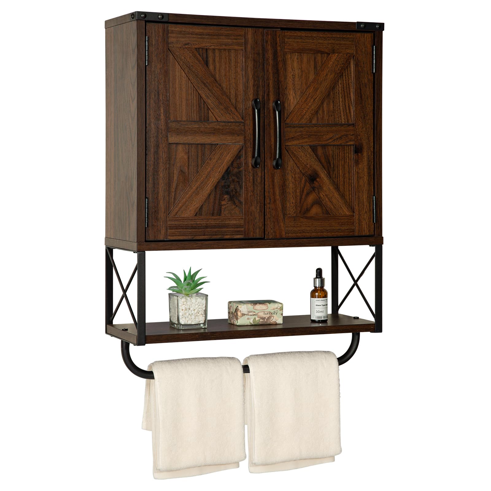 RUSTOWN Farmhouse Medicine Cabinet with 2 Barn Door,Wood Wall Mounted Storage Cabinet with Adjustable Shelf and Towel Bar, 3-Tier Bathroom Cabinet for Living Room (Dark Walnut, Medium)