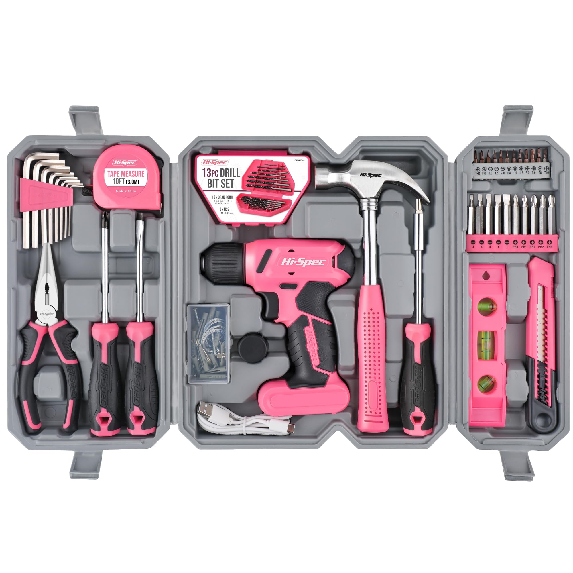 Hi-Spec 8V USB Cordless Drill Driver Home Tool Kit for Home DIY, Pink