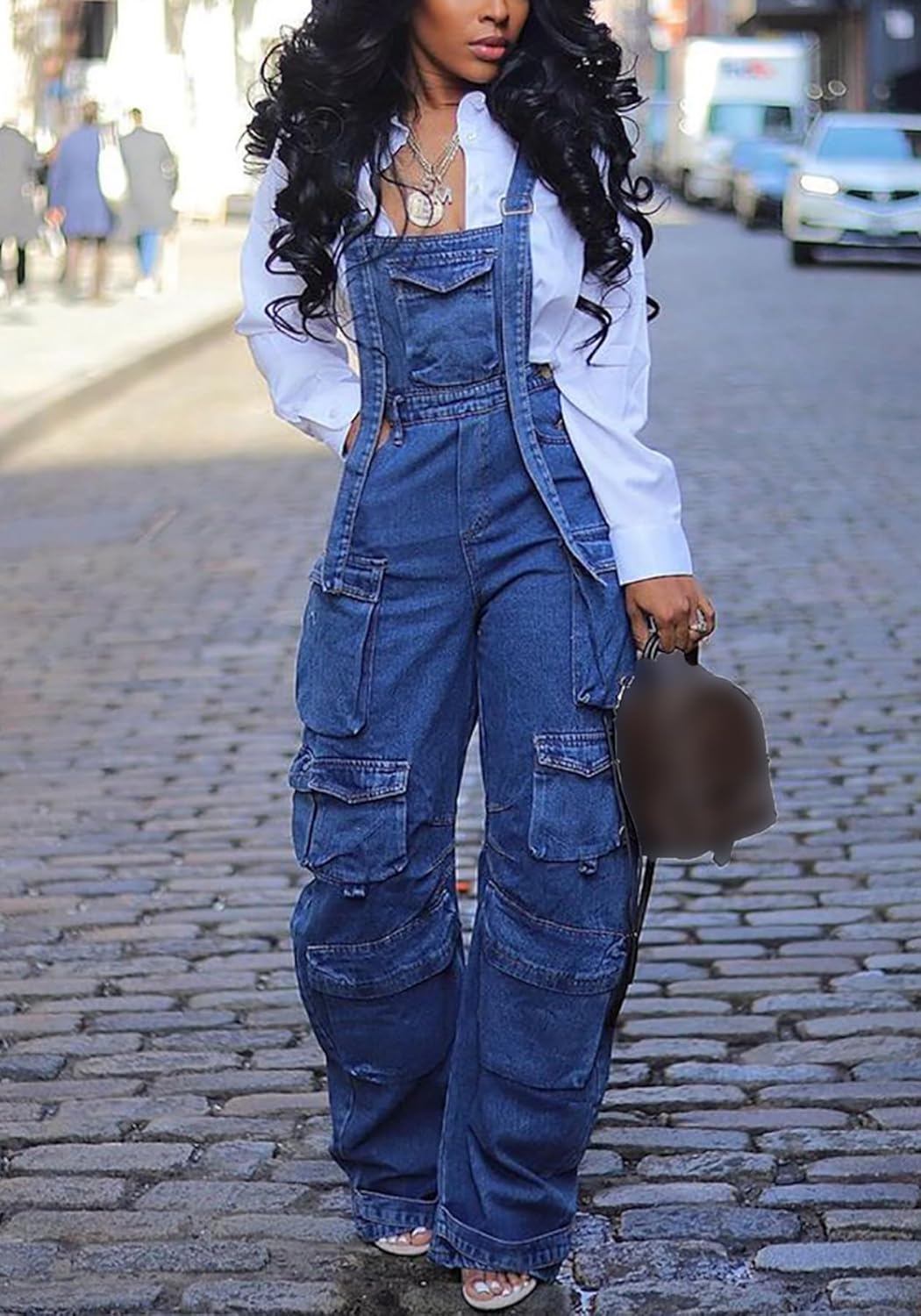 LETSVDO Women's Cargo Denim Overall Jumpsuit Wide Leg Bib Loose Baggy Stretch Casual Jean Overalls Romper Cargo Pants - Image 2