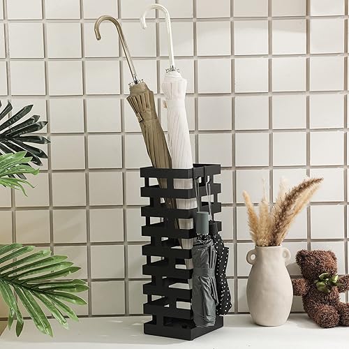 Miniatura 4 de Tudomro Soportes de paraguas para entrada, soporte de paraguas de metal grande de 6.3 x 5.5 x 16.5 pulgadas con bandeja de agua extraíble y ganchos
