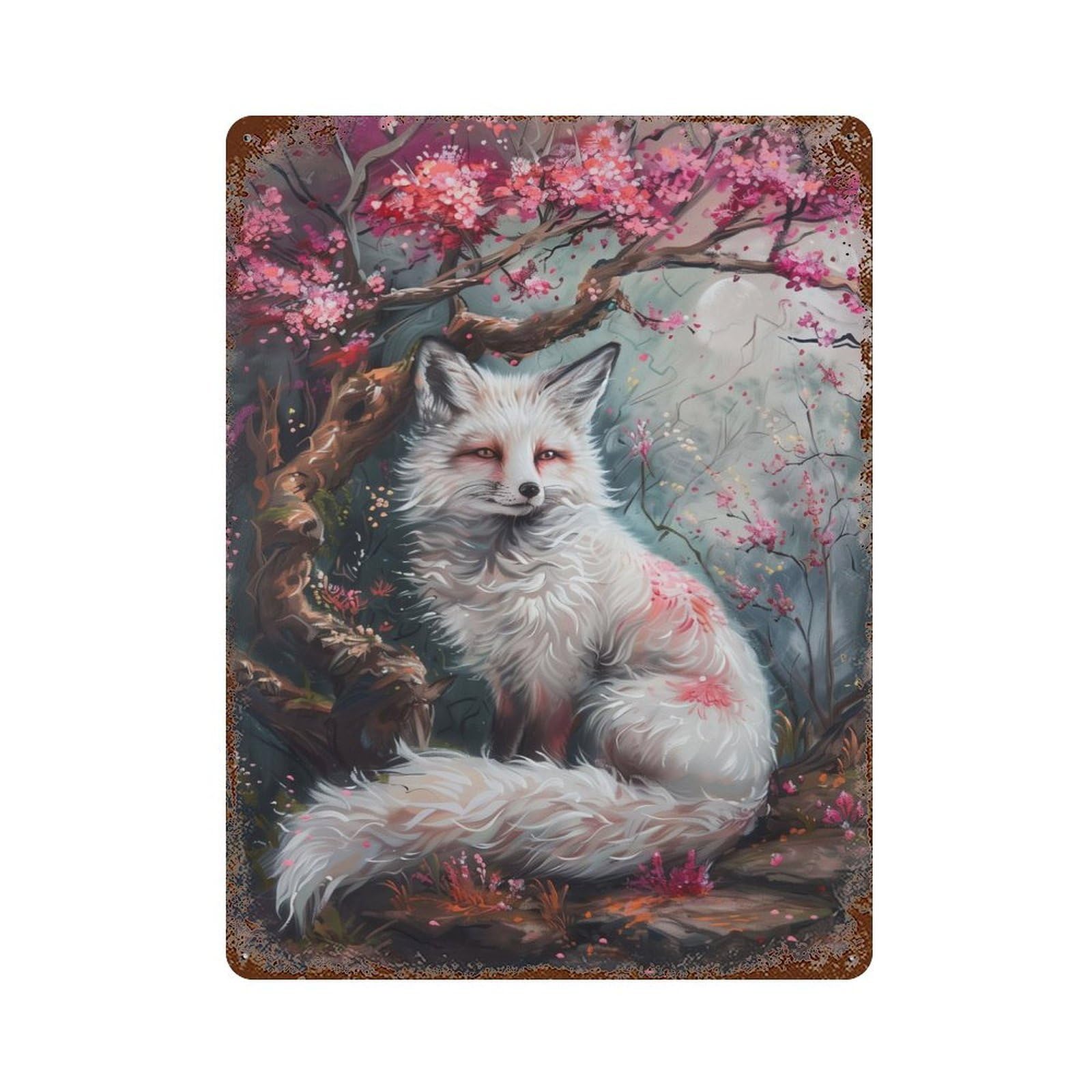 Rust Effect Beautiful Fox Blossom Tree Rusty Metal Tin Sign 15.7"x11.8", Old School Wall Decor for Pub, Kitchen And Man Cave Decor