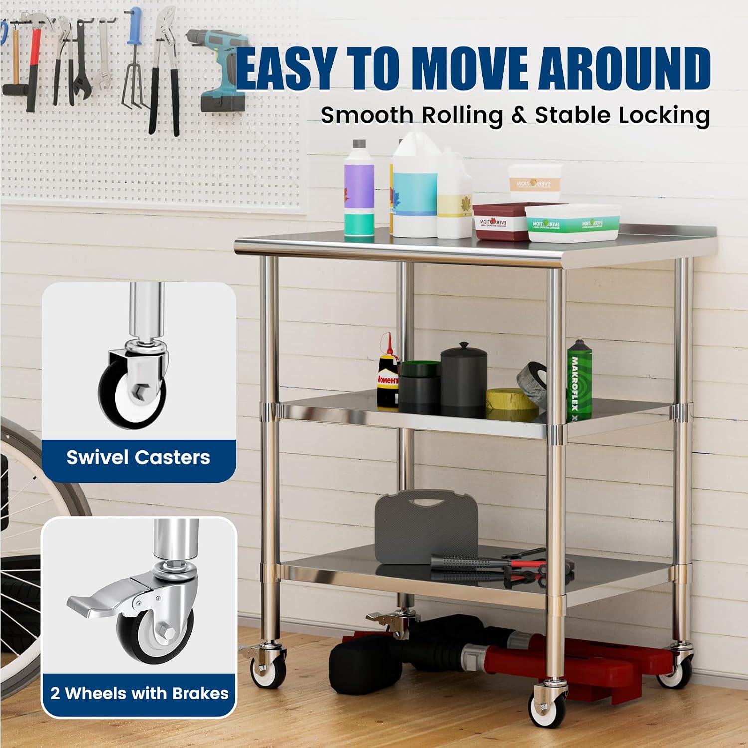 Stainless Steel Work Table with Wheels & Backsplash, 24x36 Inch