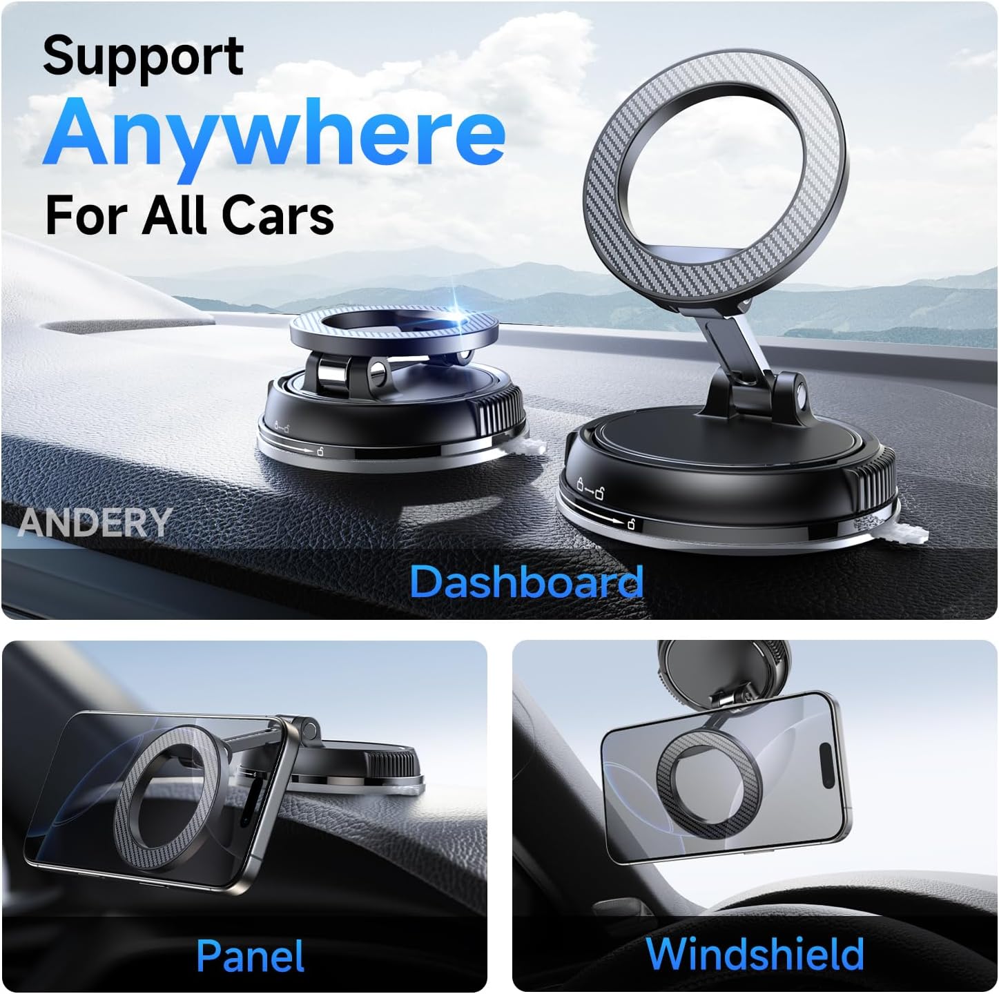 ANDERY Car Phone Holder for Magsafe [78+LBS Strongest Suction & 2400gf Magnetic] 360° Adjustable Car Phone Mount, Phone Holders for Your Car for iPhone 17 Pro Max 16 15 14 13 12 Air Plus, Carbon Fiber - Image 2