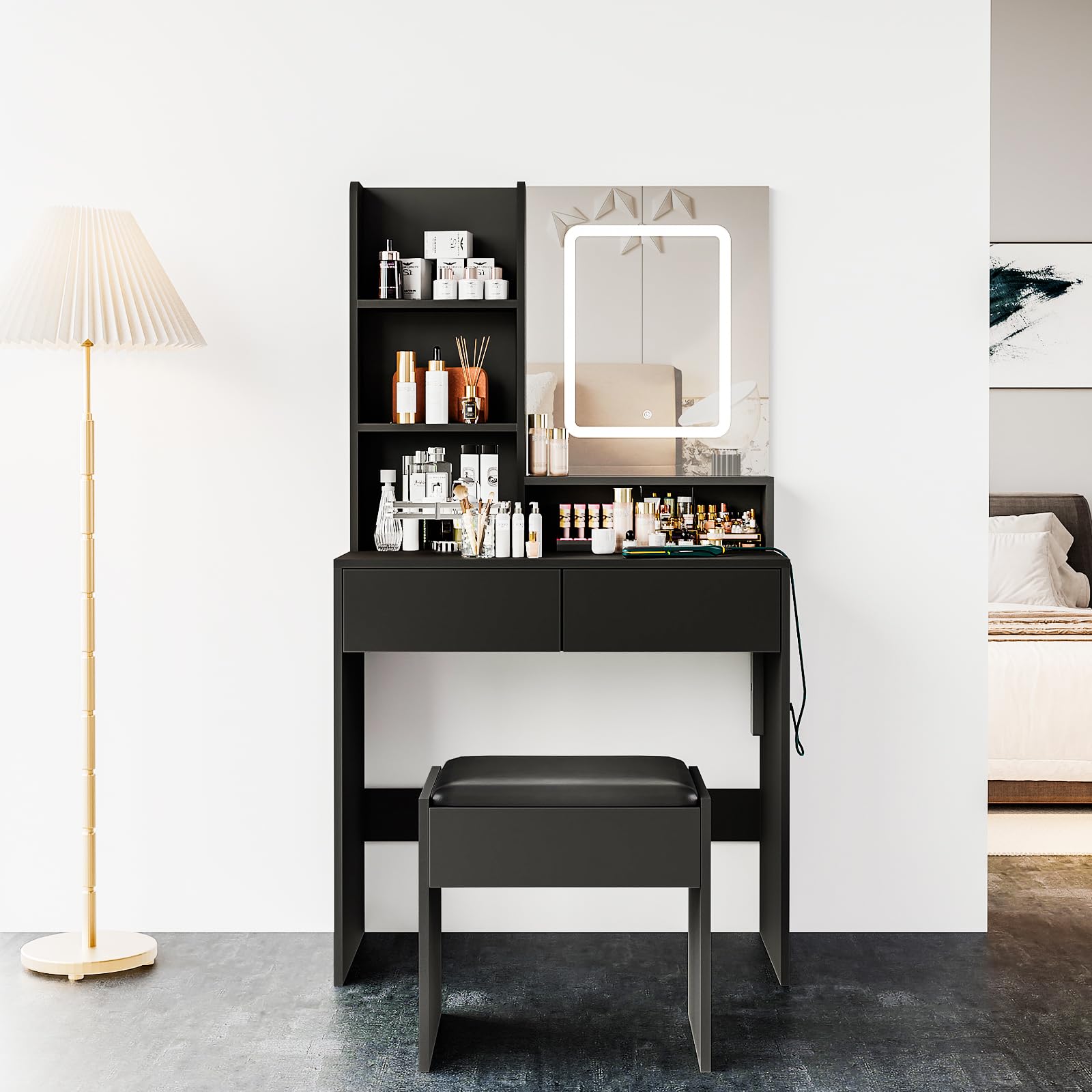 Komtopod Dressing Table with Charging Station, Vanity Table with Adjustable Brightness Mirror, Makeup Desk with 2 Drawers and Open Shelves, Wooden Modern Bedroom Dresser, 80x40x138cm, Black-01