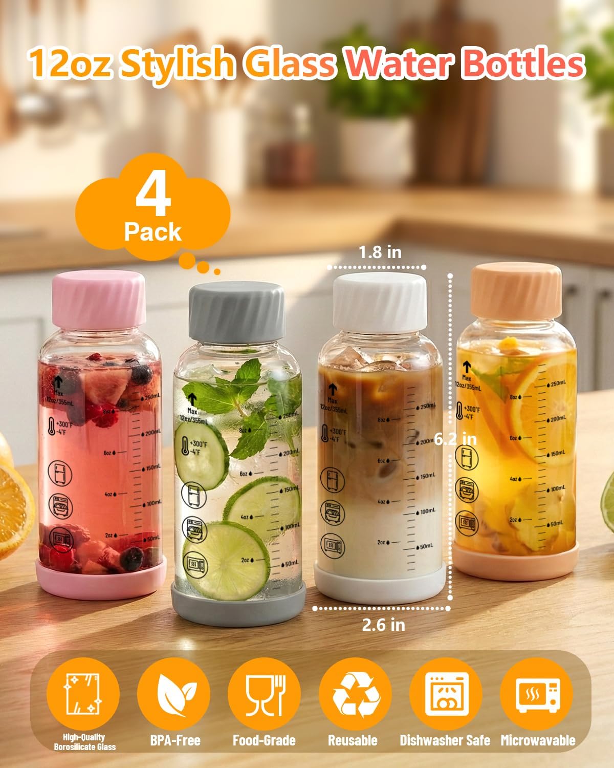 Zukro Glass Water Bottles with Colored lids 16 oz - 4 Pack Heat-resistant Borosilicate Juice Bottles with Stainless Steel Cap for Juicing, Protein, Milk, Smoothies - Airtight Leak proof, BPA Free - Image 8