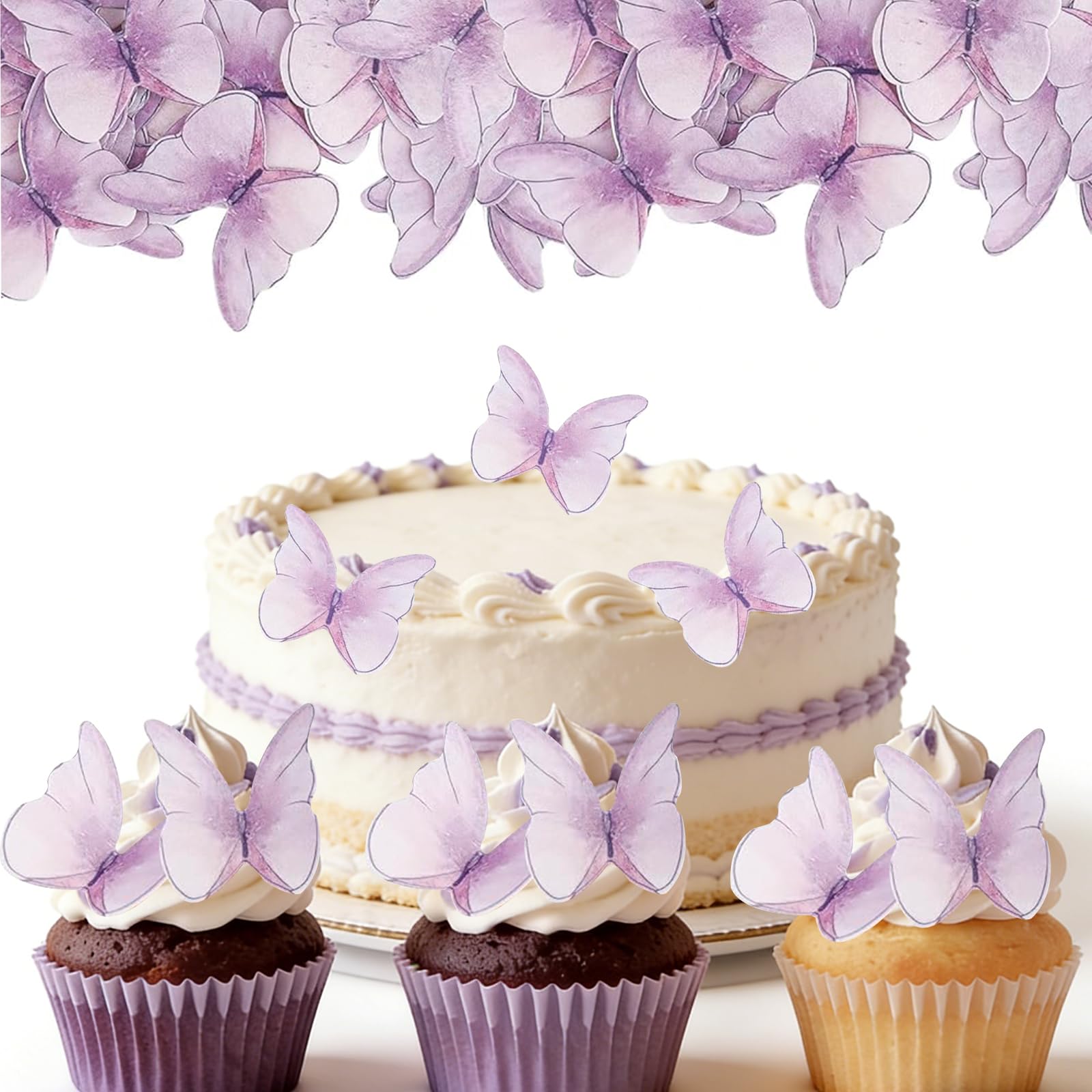 ALLAVA 48Pcs Edible Cake Decorations, Edible Butterfly Cupcake Toppers, Purple Butterfly Cake Toppers, Birthday Cake Decorations, Wafer Paper Butterflies for Cakes Wedding Baby Shower Birthday Party — image 1