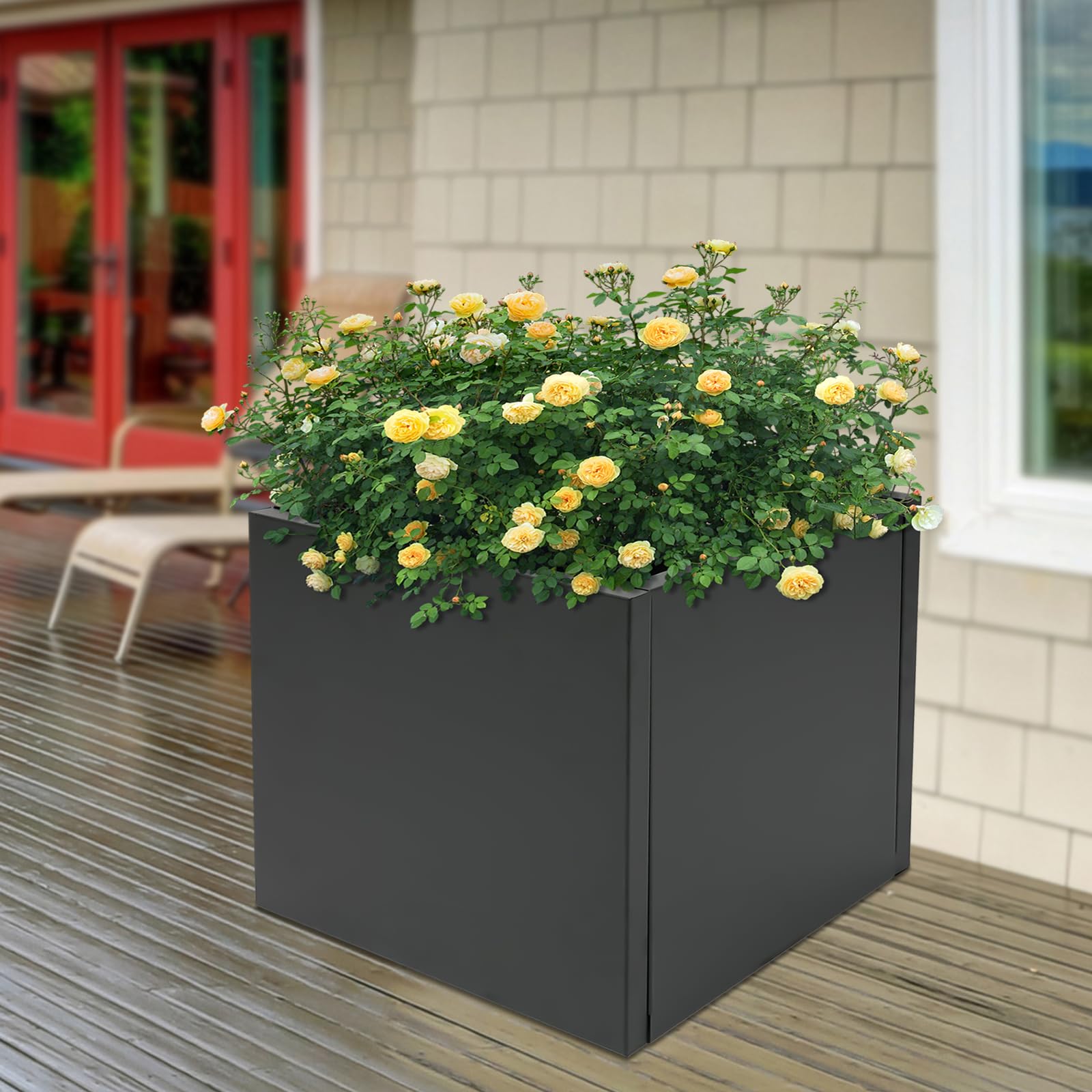 Ginelm 32 x 32 x 32in Large Rectangle Planter Box for Outdoor Patio/Porch, Heavy Metal Garden Planter with Drainage, Trough Planters for Herbs, Flowers, Vegetables