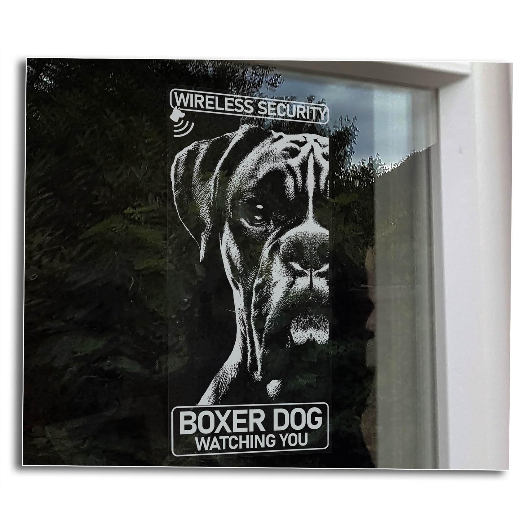 Boxer Dog Watching You Sticker, Home Security Window Sign, Car Decal, Pet Owner Gift -V09 (External - White Print)