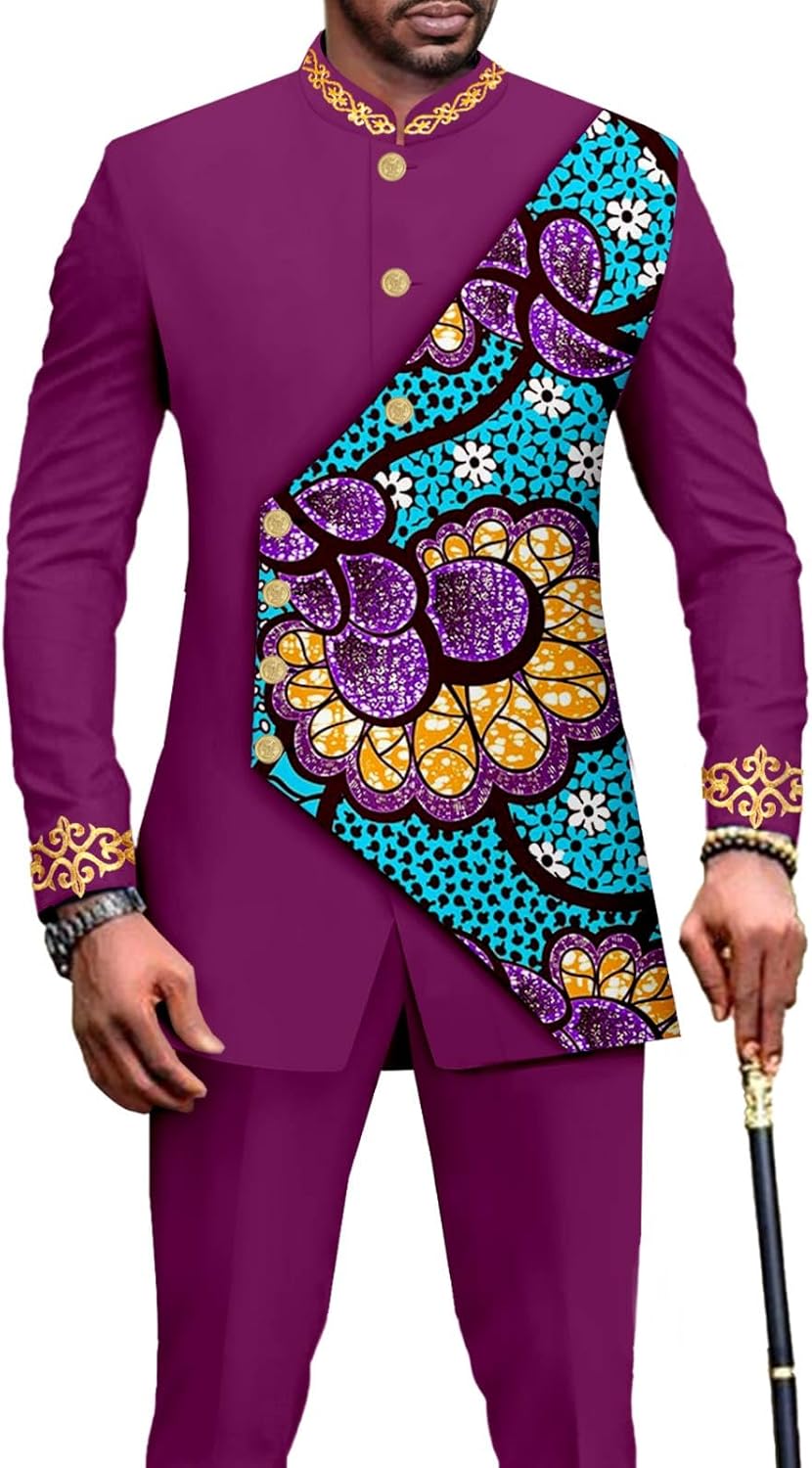 Men`s Business Suit African Clothes Embroidery Full Sleeve Double Breasted Print Blazer and Pants Set