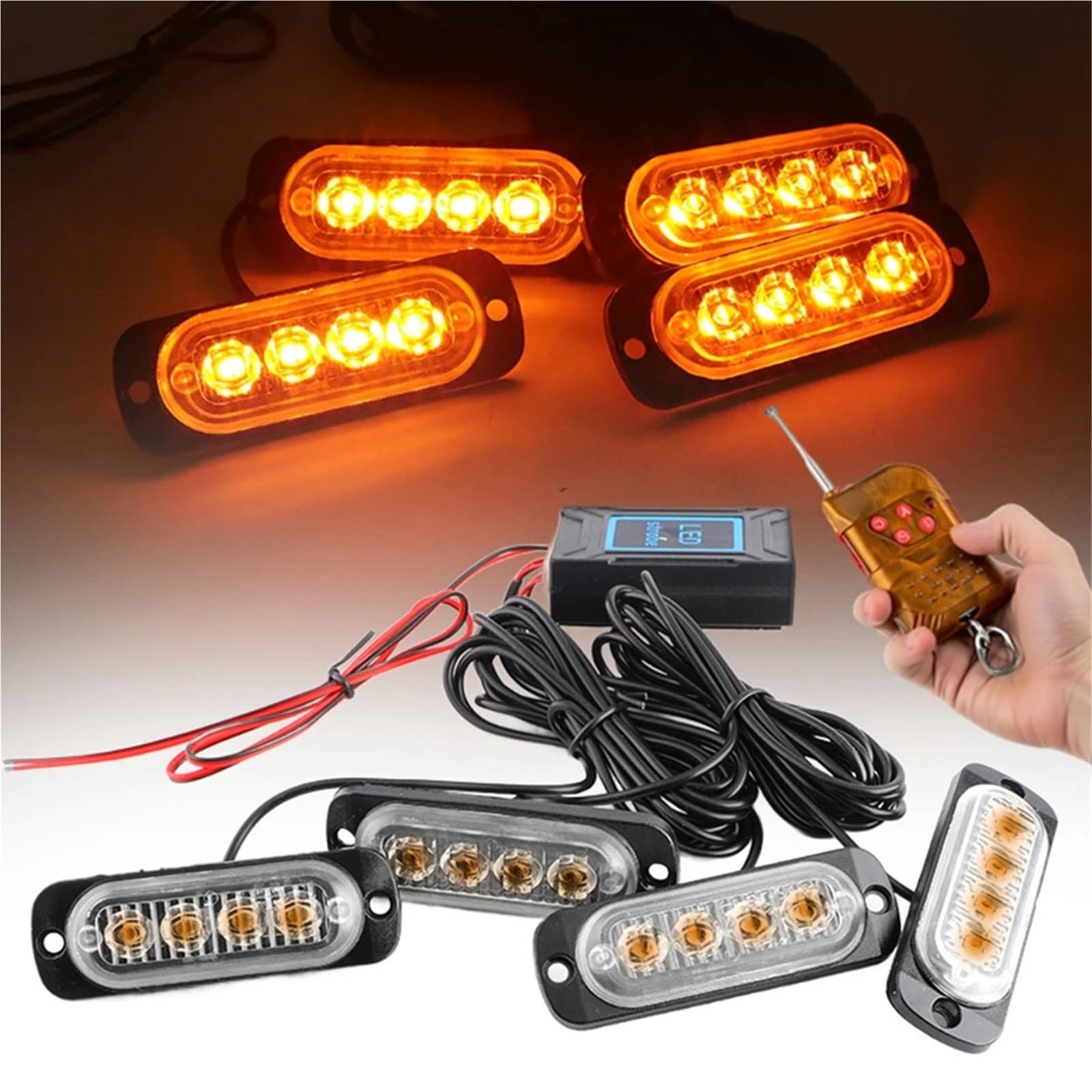 4 luces estroboscópicas de emergencia for parrilla, delgadas, de advertencia, policía, con baliza LED intermitente for vehículos, SUV y autos, 12V(Yellow)