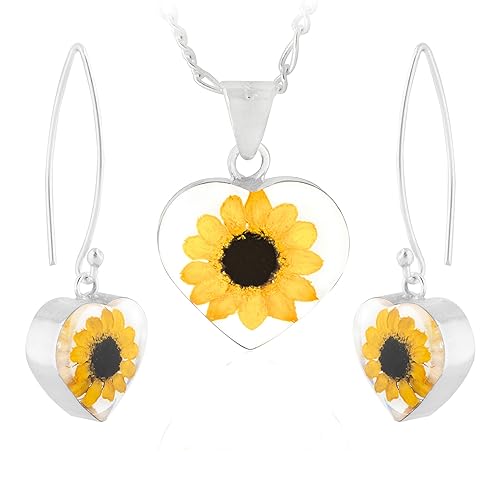Real Sunflower Necklace and Earrings in Sterling Silver Heart Shape, 18" Figaro Chain, TAMI, Floral Jewelry