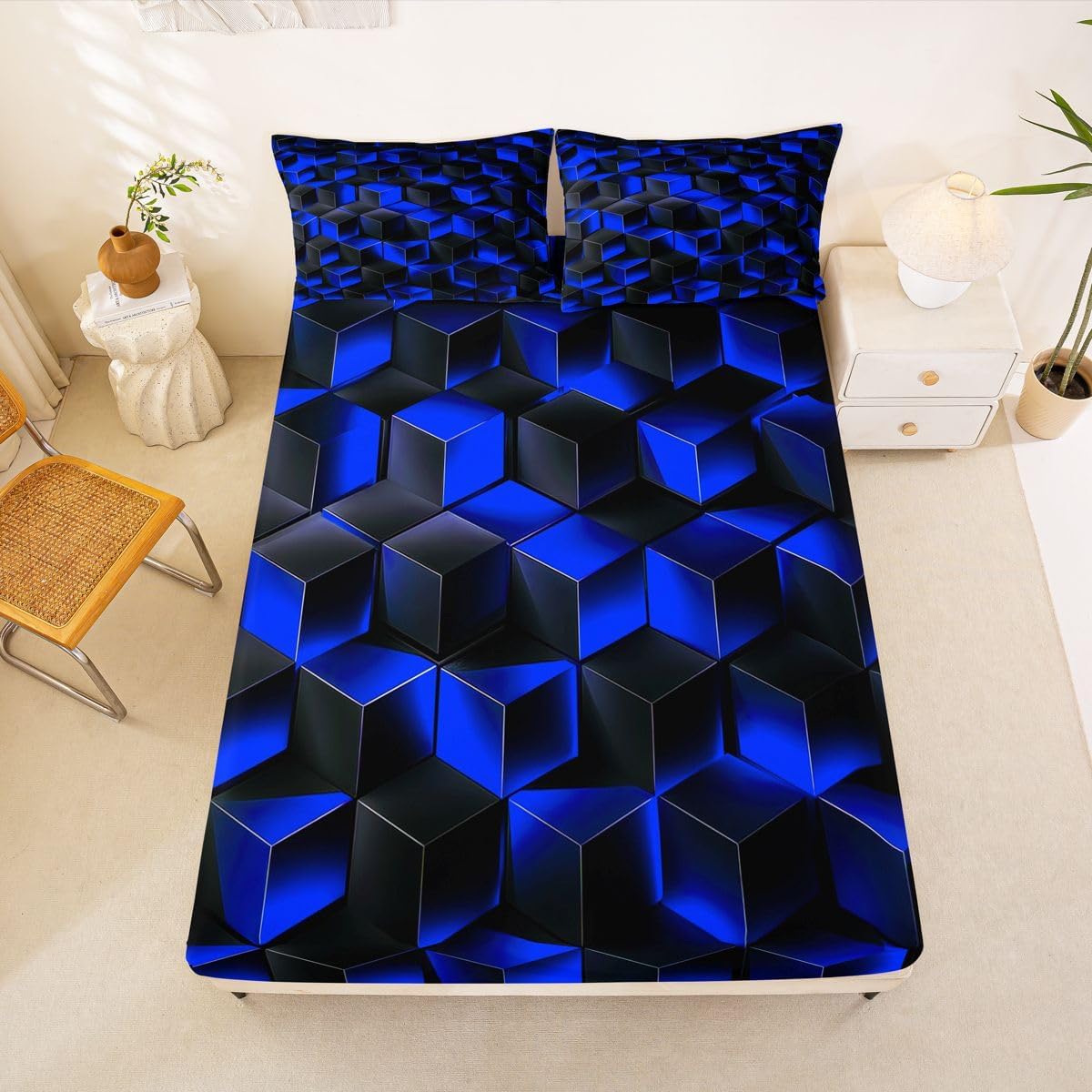 Erosebridal Black and Blue Bed Sheets Full Geometric Checkered Fitted Sheet Stereoscopic Grids Fitted Sheets for Kids Boys Teen,Abstract Plaid Bed Cover 3 Pcs