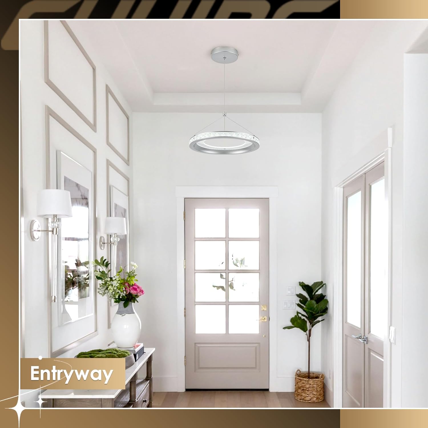 CHYING Modern Silver LED Crystal Pendant Light, 11.8" 24W 6000K Cool White Hanging Pendant Light Kitchen Island, Ring Ceiling Lights for Bedroom Dining Room Hallway