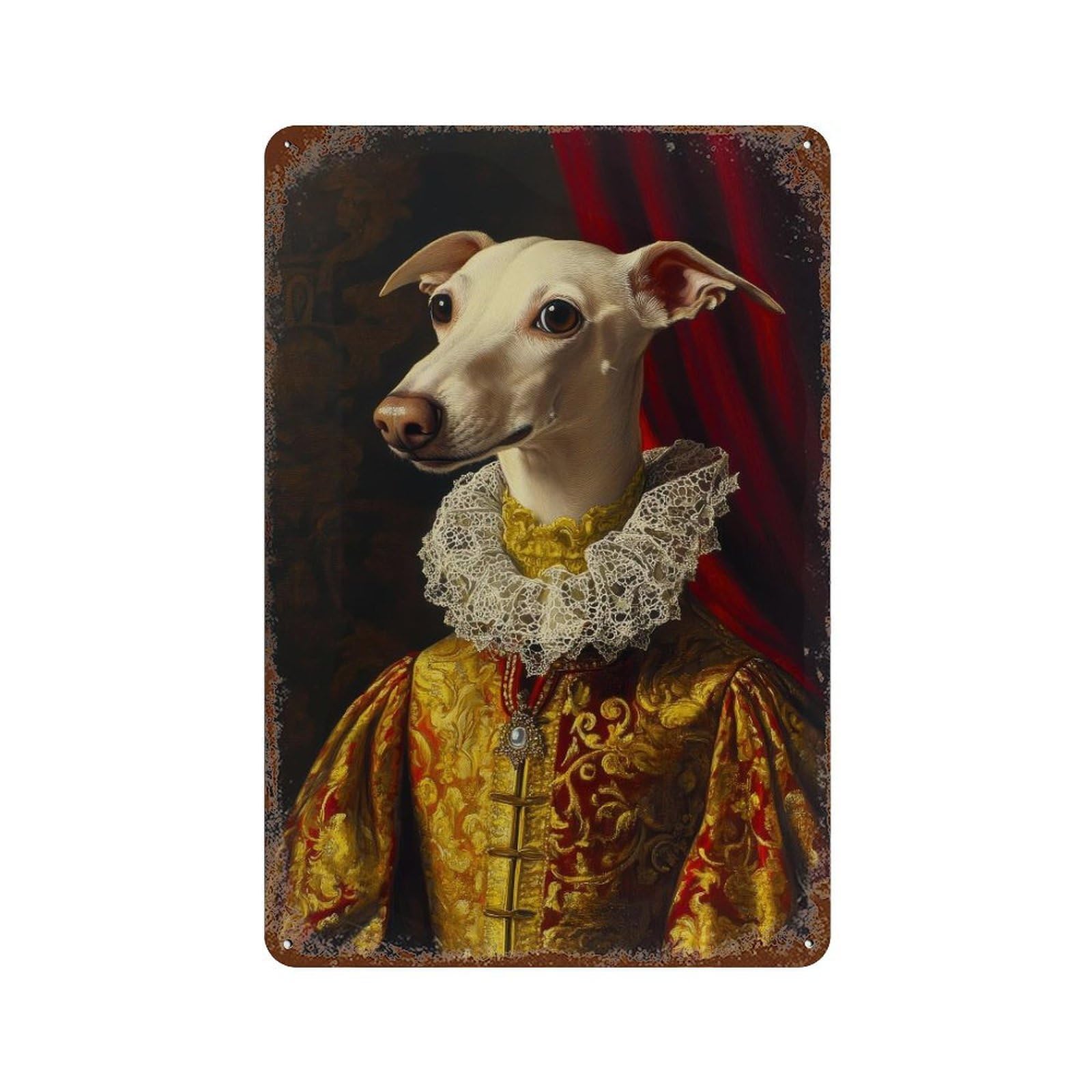 Renaissance Animal Whippet Portrait Victorian Dog in Suit Dark Academia Vintage Rustic Decor Classical Painting Regal Wall Decor Art Metal Tin Poster Modern Home Decor Art Home Bar Shop Decorations V