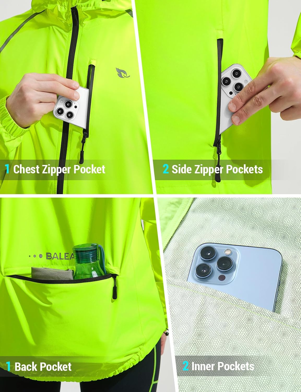 baleaf Men's Rain Jacket Waterproof Windbreaker Raincoat Running Cycling Hiking Gear Hood Lightweight Reflective Packable - Image 4