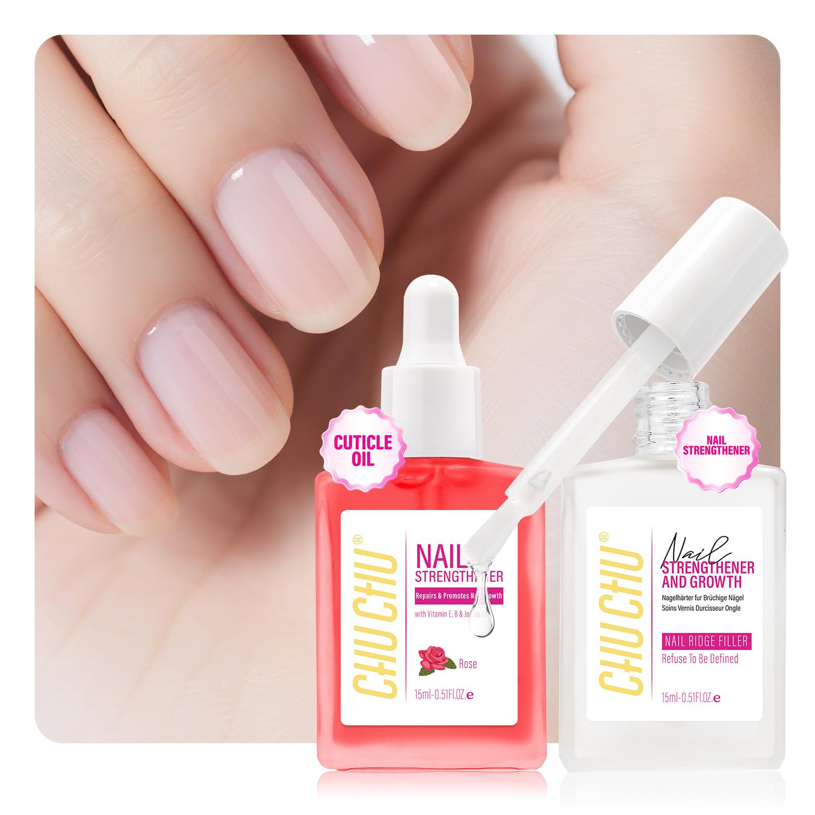 2 in 1 Nail Strengthener and Rose Cuticle Oil Set: Clear Nail Hardener Polish Extra Strong and Growth - Repair Brittle Damaged Dry Nail and Cuticle -