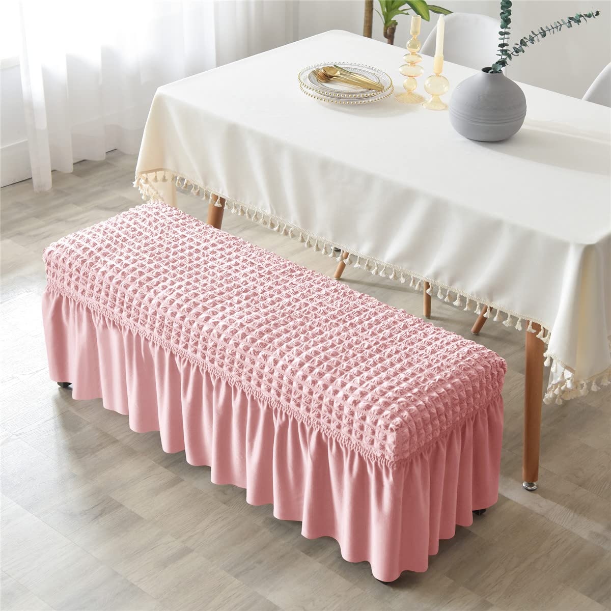 SZJIAHTM Dining Bench Soft Stretch Slipcover with Skirt Polyester Footstool Protector Bubble Lattice Piano Bench Covers for Living Room and Bedroom