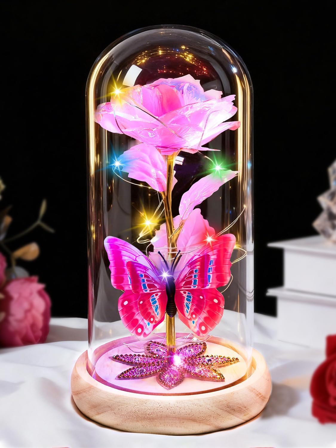 Beferr Gifts for Women Mom Birthday Gifts, Galaxy Glass Rose Forever Preserved Flowers for Delivery Prime Light Up Rose in Glass Dome Valentines Rose Gifts for Her Wife Daughter Girlfriend