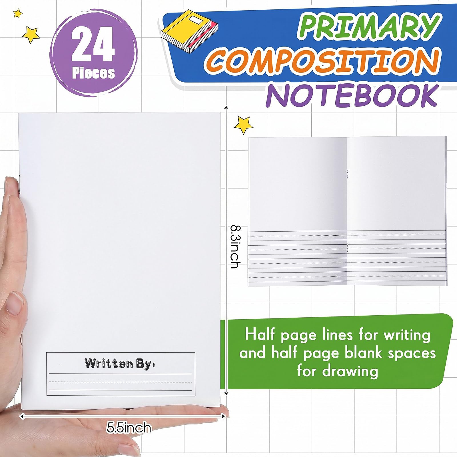 Henoyso 24 quaderni per composizione primaria K-2 da 14 x 21,3 cm, taccuino per forniture per bambini, libro di scrittura vuoto per bambini, diario da 60 pagine (bianco)