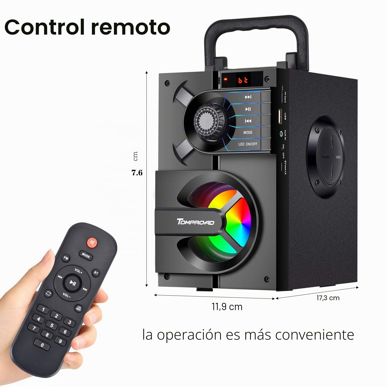 TOMPROAD Altavoz Bluetooth, caja Bluetooth portátil con subwoofer, sonido estéreo inalámbrico, bajo profundo, altavoz para fiestas, compatible con radio FM, control remoto, luces LED (Negro)